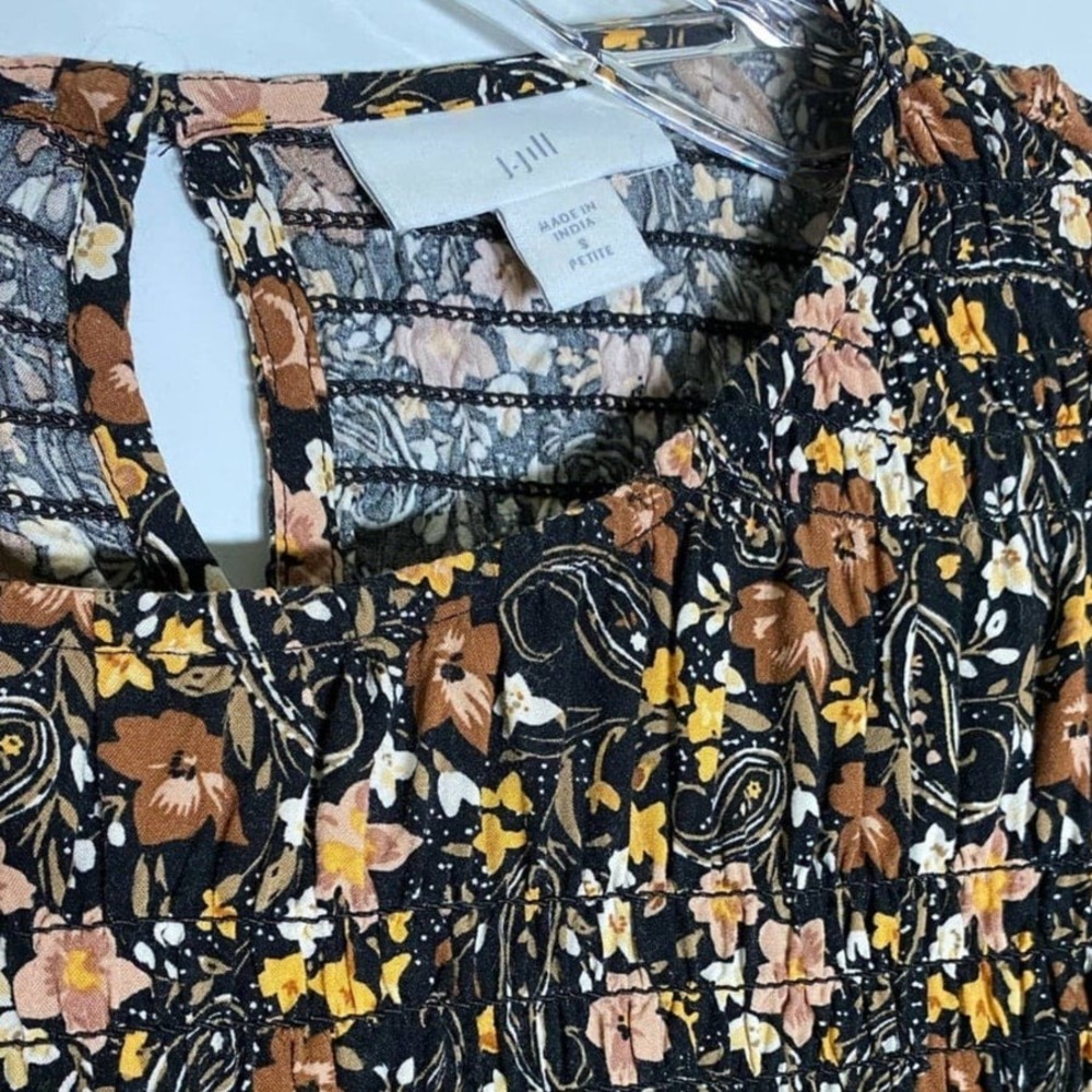 J. Jill Womens Floral Paisley Smocked Long Sleeve Blouse Black Brown Petite S - Picture 6 of 12